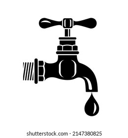Faucet with dripping water. Retro style copper tubular. Plumbing simple style black detailed logo icon vector illustration isolated.