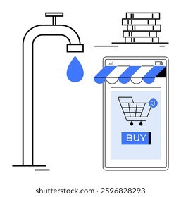 Faucet dripping water, stacked coins, mobile device with shopping cart and buy button highlight concepts of e-commerce, online shopping, financial management, convenience, and modern lifestyle