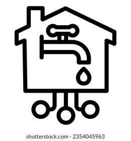 Faucet with drop in building line icon, smart home concept, smart water tap with connection sign on white background, home plumbing icon in style for and web. Vector graphics.