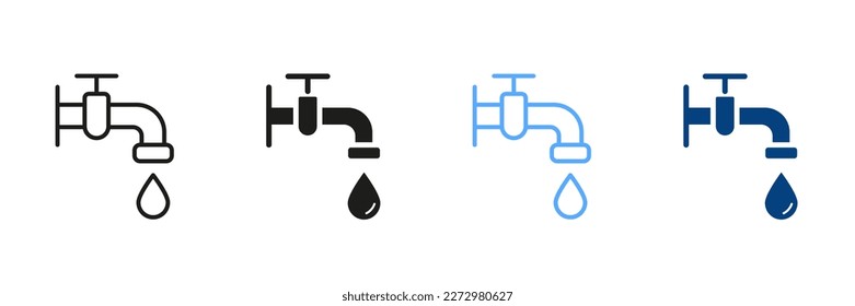 Pictograma de color y negro de agua y grifo de grifo. Golpeo de agua con silueta de válvulas clásicas y conjunto de iconos de línea. Colección de símbolos de fontanería, servicio público con símbolos de baño. Ilustración aislada de vectores.