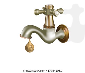 Faucet and drop of water with a coin inside on white background.