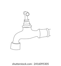  faucet drop of water in continuous line art drawing style. Mixer tap with water drop black linear sketch isolated on white background. Vector illustration