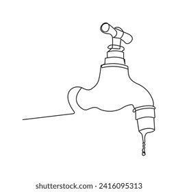  faucet drop of water in continuous line art drawing style. Mixer tap with water drop black linear sketch isolated on white background. Vector illustration