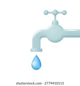 Faucet with a drop of water. Water tap isolated on a light background. Vector 3D illustration.