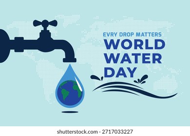 faucet with earth in water drop. world water day poster, World Water Day Illustration with Water Tap and Earth Globe in a Drop