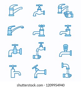 Faucet flat line icons. Set of plumb, water, tap, dripping, leaky, and more. Editable Stroke. Change to any size and any colour.