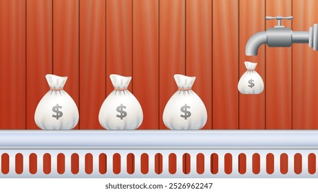 Faucet fluindo dinheiro. Ilustração de uma metáfora visual representando continuamente o dinheiro fluindo de uma torneira para uma série de bolsas de dinheiro, simbolizando negócios prósperos, renda constante ou lucro constante