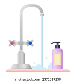 Faucet con agua fluida y botella de jabón en el lavabo contra whit