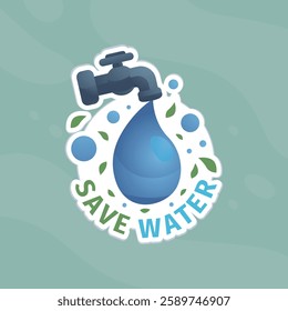 Faucet with green leaf pouring water, promoting water conservation. Suitable for eco friendly websites, posters, and educational materials