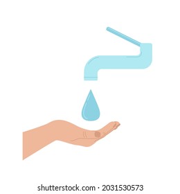 Wasserhahn und Hand, die einen fallenden Wassertropfen halten. Handwäsche, Handhygiene-Tag. Retten Sie die Wassererdressourcen. Vektorgrafik in flachem Design einzeln auf Weiß.