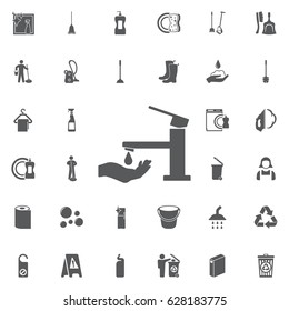 Faucet with hand icon. Vector tap symbol on the white background. Set of cleaning icons