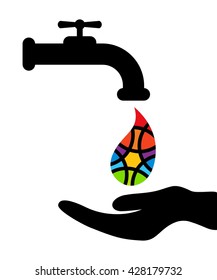 Faucet, hand and rainbow colored drop on white background. Isolated. Human palm silhouette. Iridescent drop or tear. Symbol for water protection 