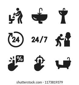 faucet icon. 9 faucet vector icons set. hours, man serving water in a glass from a dispenser and sink icons for web and design about faucet theme