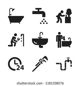faucet icon. 9 faucet vector icons set. plumbing, man serving water in a glass from a dispenser and pipe wrench icons for web and design about faucet theme
