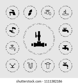 Faucet icon. collection of 13 faucet filled and outline icons such as tap, watering system, pipe, water pipe. editable faucet icons for web and mobile.
