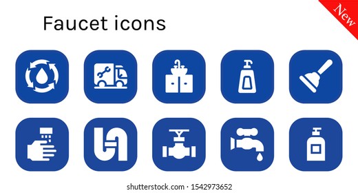 faucet icon set. 10 filled faucet icons.  Simple modern icons about  - Water, Plumber, Sink, Soap, Plunger, WASHING HANDS, Pipe, Faucet