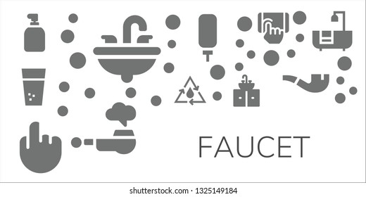 faucet icon set. 11 filled faucet icons.  Collection Of - Soap, Sink, Water, Tap, Water dispenser, Pipe, Bathtub