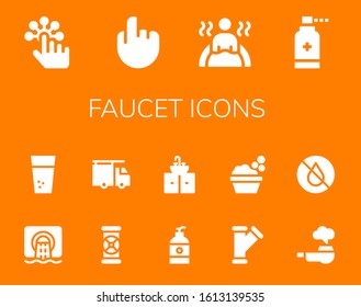 faucet icon set. 14 filled faucet icons. Included Tap, Bath, Antiseptic, Sewer, Water, Pipes, Plumber, Soap, Sink, Pipe, Washbowl icons