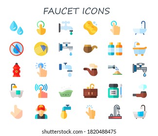 Wasserhahn-Icon-Set. 30 flache Sichtsymbole. Inbegriffen sind Wasser, Wasserhahn, Seife, Seife, Badewanne, Dusche, Rohr, Seifen, Badewanne, Hydrant, Wasserwasseranschluss, Badewanne, Bad, Antiseptik, Klempner, Waschbecken Icons