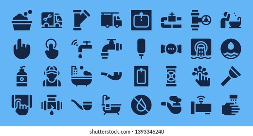 faucet icon set. 32 filled faucet icons. on blue background style Collection Of - Bathtub, Tap, Soap, Plumber, Leak, Pipe, Faucet, Sink, Water dispenser, Bath, Water, Pipes, Sewer