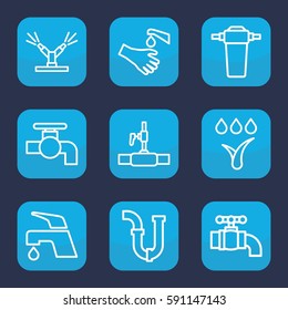 faucet icon. Set of 9 outline faucet icons such as tap, pipe, water pipe, hands washing