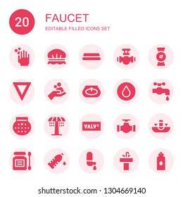 faucet icon set. Collection of 20 filled faucet icons included WASHING HANDS, Shower cap, Water, Pipe, Sink, Water tap, Shower, Valve, Antiseptic