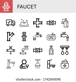 faucet icon set. Collection of Fire hydrant, Plumber, Soap, Pipe, Valve, Faucet, Leak, Water tap, Irrigation system, Shower, Tap, Antiseptic icons