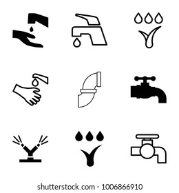 Faucet icons. set of 9 editable filled and outline faucet icons such as watering system, tap, hands washing