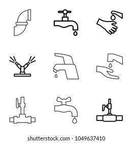 Faucet icons. set of 9 editable outline faucet icons such as tap, water pipe, hands washing, watering system
