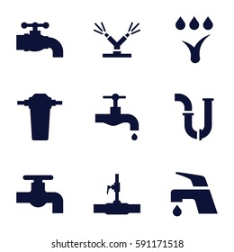 faucet icons set. Set of 9 faucet filled icons such as tap, pipe, water pipe