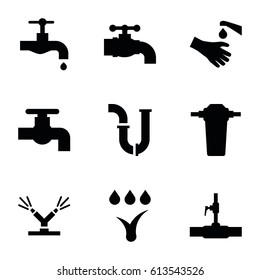 Faucet icons set. set of 9 faucet filled icons such as tap, pipe, water pipe, hands washing