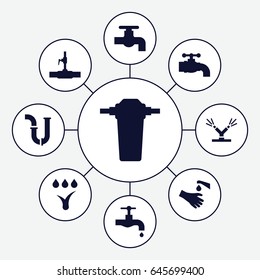 Faucet icons set. set of 9 faucet filled icons such as tap, pipe, water pipe, hands washing