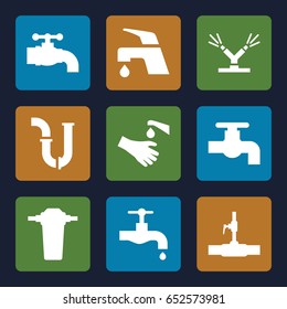Faucet icons set. set of 9 faucet filled icons such as tap, pipe, water pipe, hands washing