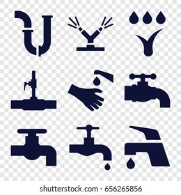 Faucet icons set. set of 9 faucet filled icons such as tap, pipe, water pipe, hands washing