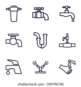 faucet icons set. Set of 9 faucet outline icons such as tap, pipe, water pipe, hands washing