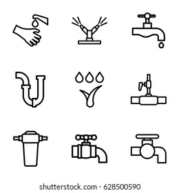 Faucet icons set. set of 9 faucet outline icons such as tap, pipe, water pipe, hands washing