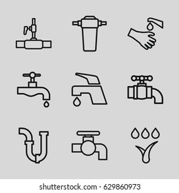 Faucet icons set. set of 9 faucet outline icons such as tap, pipe, water pipe, hands washing