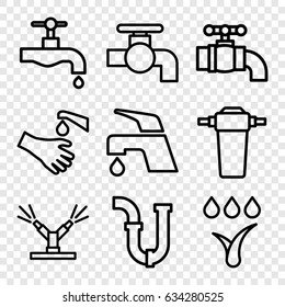 Faucet icons set. set of 9 faucet outline icons such as tap, pipe, hands washing