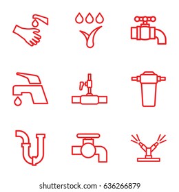 Faucet icons set. set of 9 faucet outline icons such as tap, pipe, water pipe, hands washing