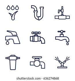 Faucet icons set. set of 9 faucet outline icons such as tap, pipe, water pipe