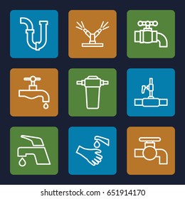 Faucet icons set. set of 9 faucet outline icons such as tap, pipe, water pipe, hands washing