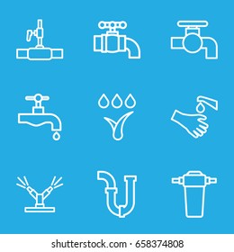 Faucet icons set. set of 9 faucet outline icons such as tap, pipe, water pipe, hands washing