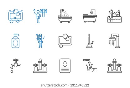 faucet icons set. Collection of faucet with sink, hand wash, soap, shower, plunger, plumber, bath, bathtub. Editable and scalable faucet icons.