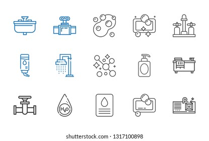 faucet icons set. Collection of faucet with sink, soap, water, pipe, bathtub, shower, valve. Editable and scalable faucet icons.