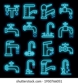 Faucet icons set. Outline set of faucet vector icons neon color on black
