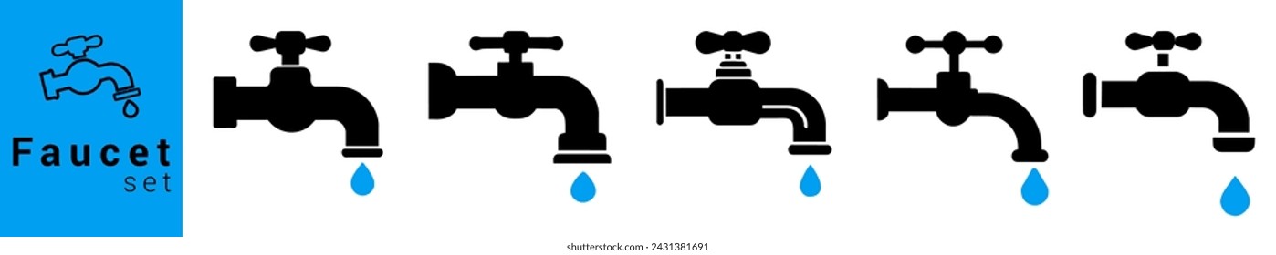 	
Faucet icons set. Water tap outline icon in black colors.	
