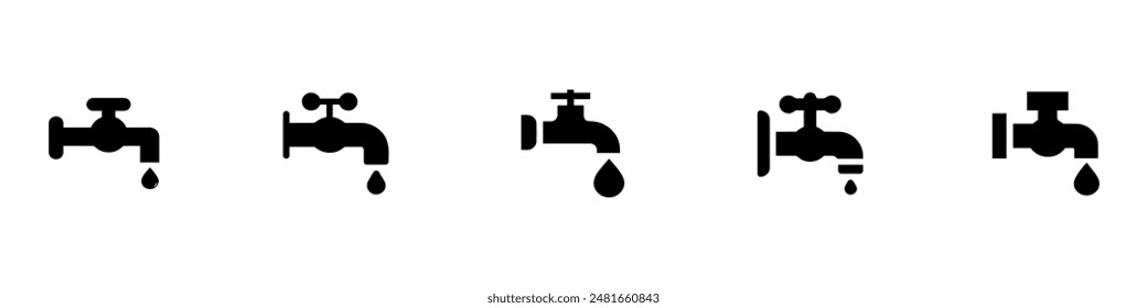 Iconos del grifo establecidos. Colección del grifo de agua. Símbolo de grifo de baño plano. Ilustración vectorial. Gráfico de Vector. EPS 10