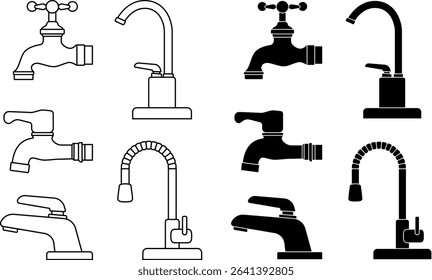 Faucet icons set. Water tap, wastafel faucet.