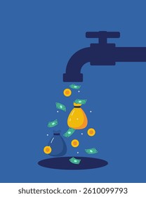 Faucet with money and coin drops. Money resource, passive income concept vector illustration