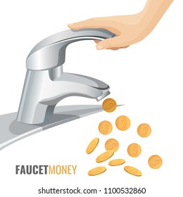 Faucet money commercial banner with modern tap and golden coins